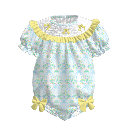 Spring Summer Yellow Bow Floral Smock Embroidery Dress & Romper