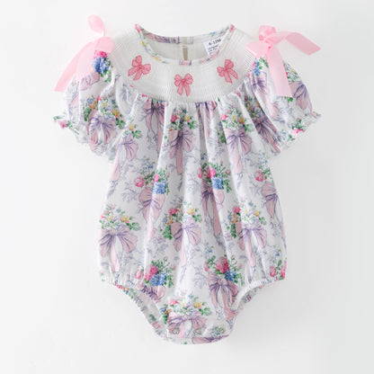 Spring Summer Pink Bow Floral Smock Embroidery Dress & Romper