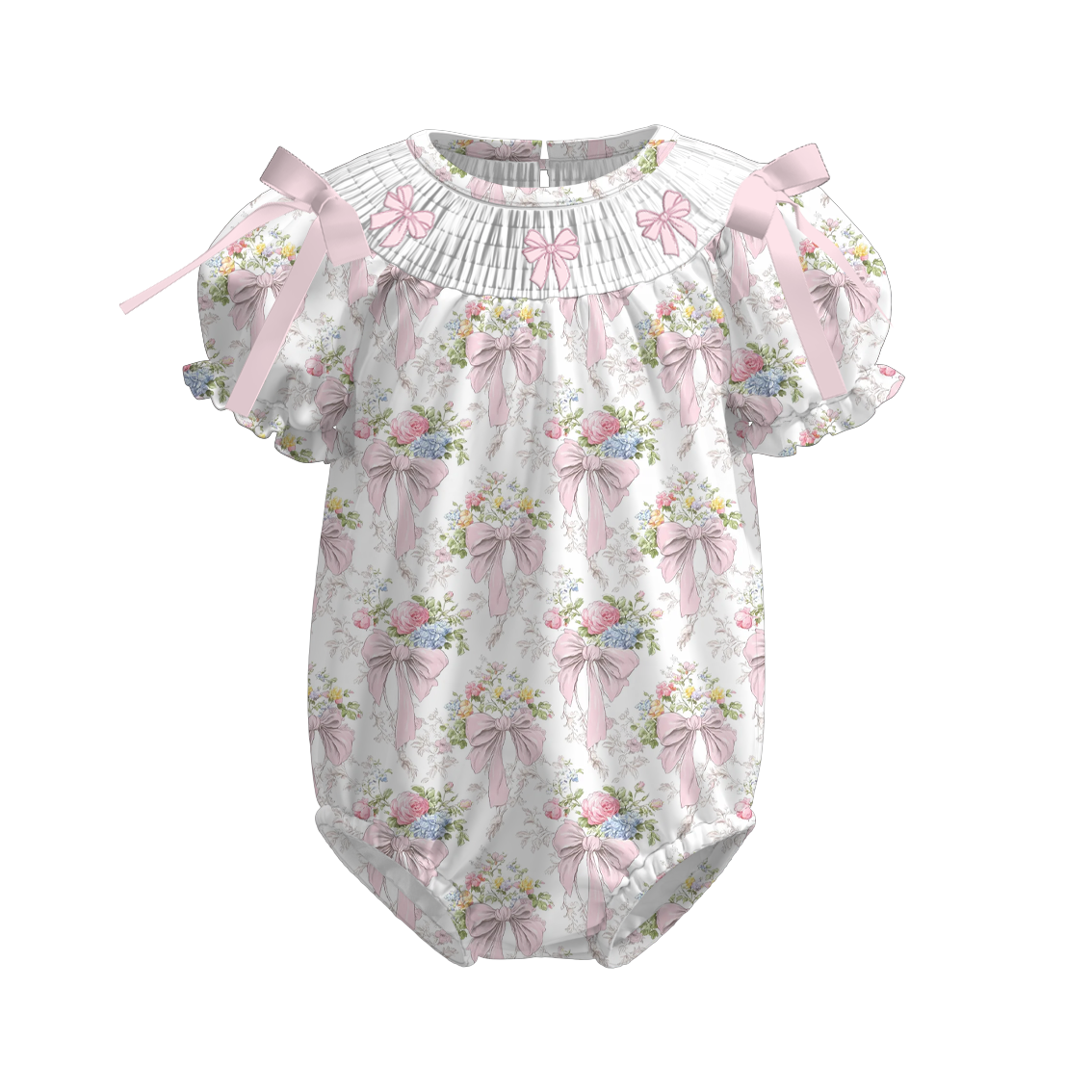 Spring Summer Pink Bow Floral Smock Embroidery Dress & Romper
