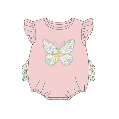 2026 Spring Summer Butterfly Embroidery Pink Pant Set & Romper