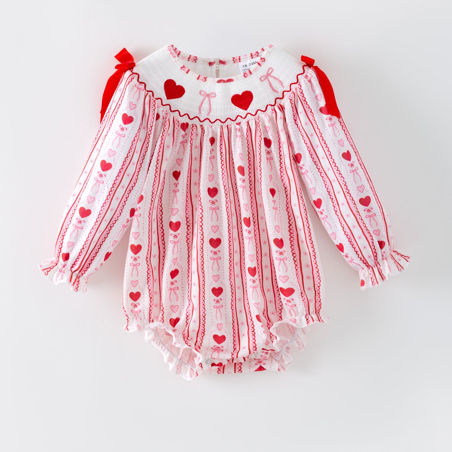 Valentine's Day Heart Bow Smock Embroidery Romper