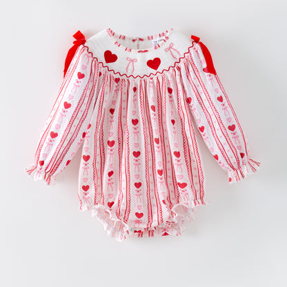 Valentine's Day Heart Bow Smock Embroidery Romper