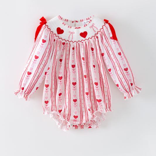 Valentine's Day Heart Bow Smock Embroidery Romper