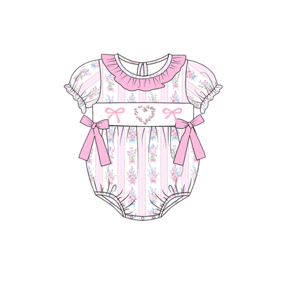 Valentine's Day Pink Foral Custom Name Smocked Embroidered Collection