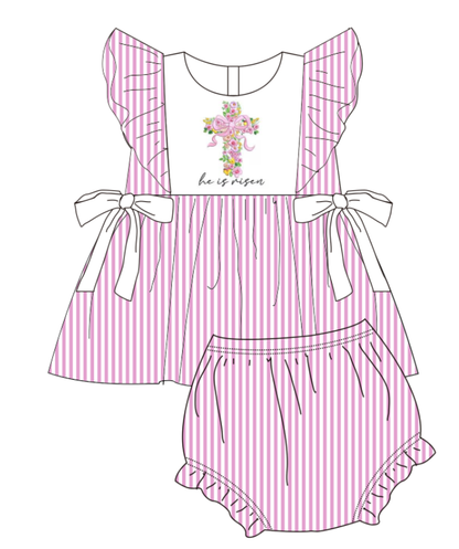 Easter HE IS RISEN Embroidery Pink Stripes Outfit Collection
