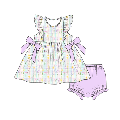 Summer Easter Floral & Pastel Egg Flutter Sleeve Bow Dress Set