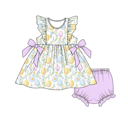 Summer Easter Floral & Pastel Egg Flutter Sleeve Bow Dress Set
