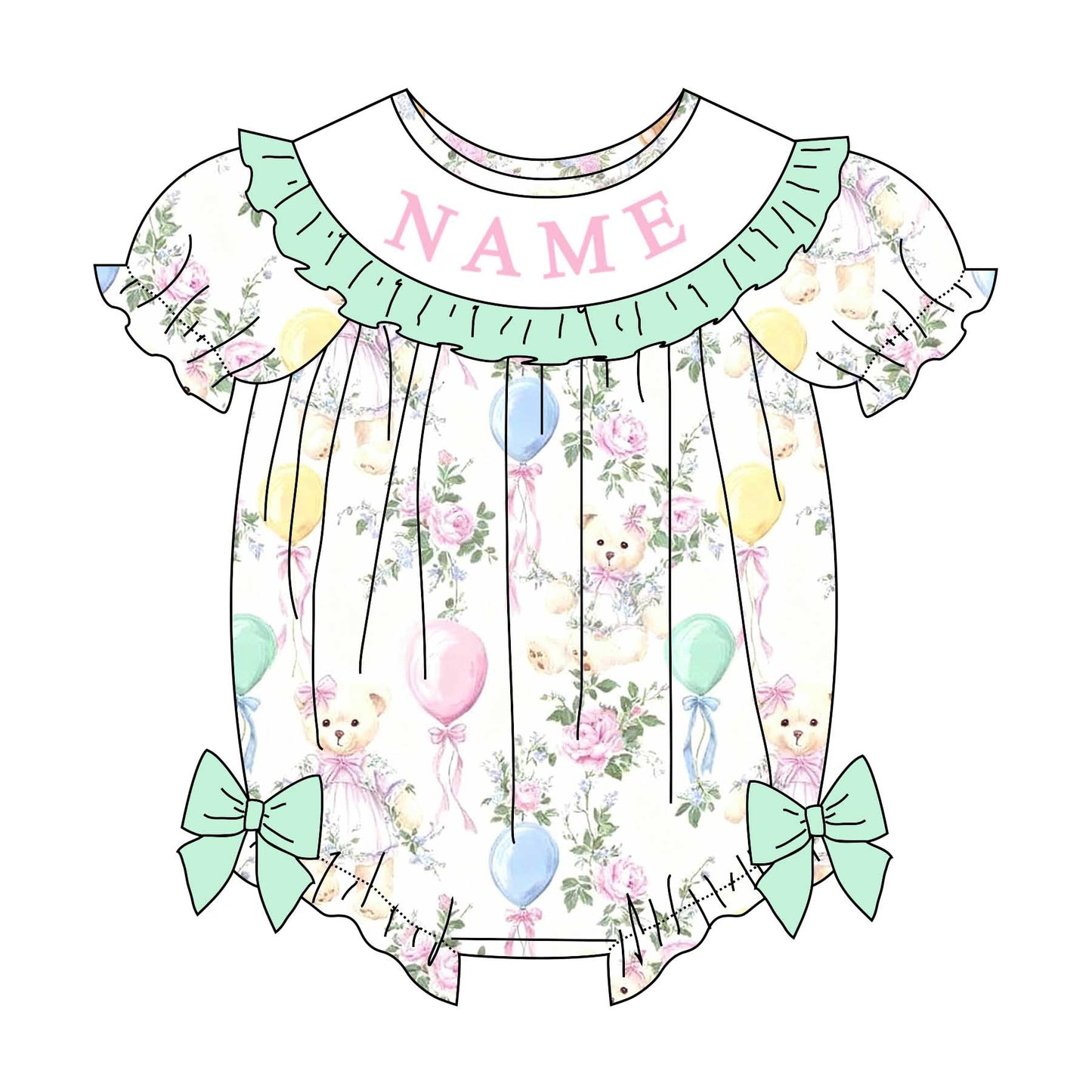 Girl Custom Name Smocked Embroidered Gift Bear Balloon Collection