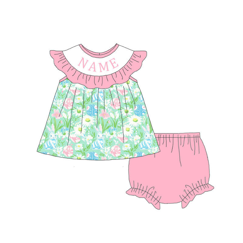 Sweet Blooms for Little Ones – Custom Name Smocked Green Pink Floral Set