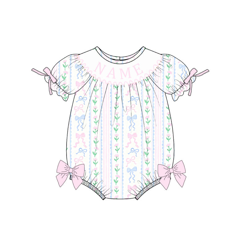 Summer Blue Pink Bow Custom Name Embroidery Smock Outfits