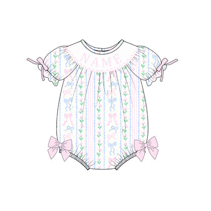 Summer Blue Pink Bow Custom Name Embroidery Smock Outfits