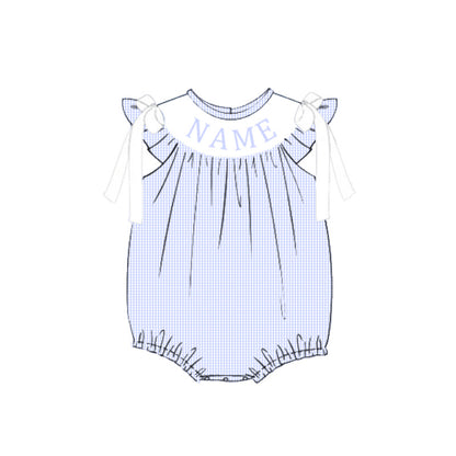 Summer Blue Plaid Custom Name Embroidery Smock Outfits