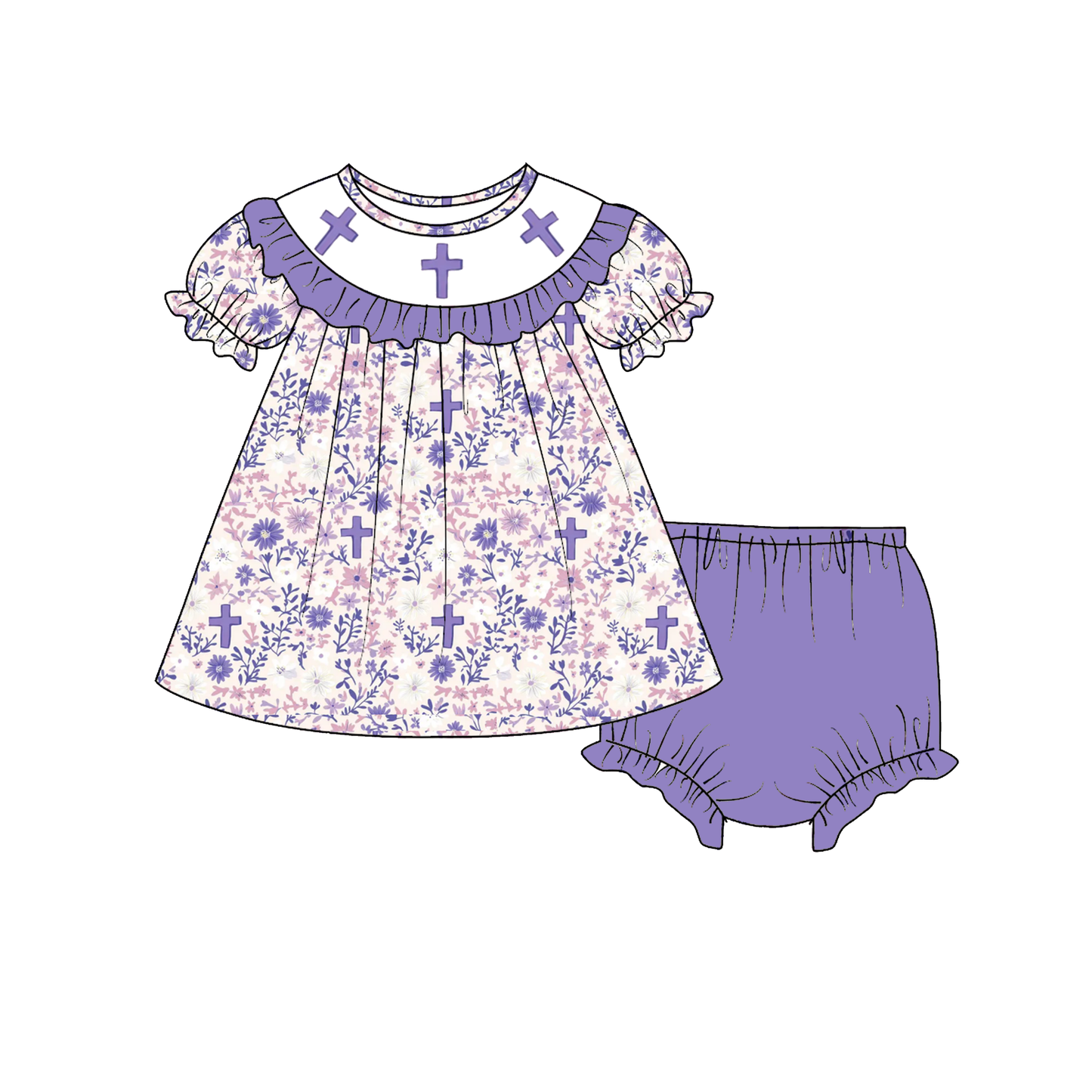 Easter Purple Floral Cross Embroidery Outfit Collection
