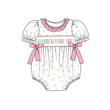 Easter Colorful Dots JESUS LOVES YOU Embroidery Smock Dress & Romper