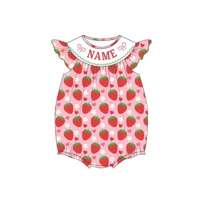 Spring Strawberry Bow Custom Name Embroidery Smock Outfits