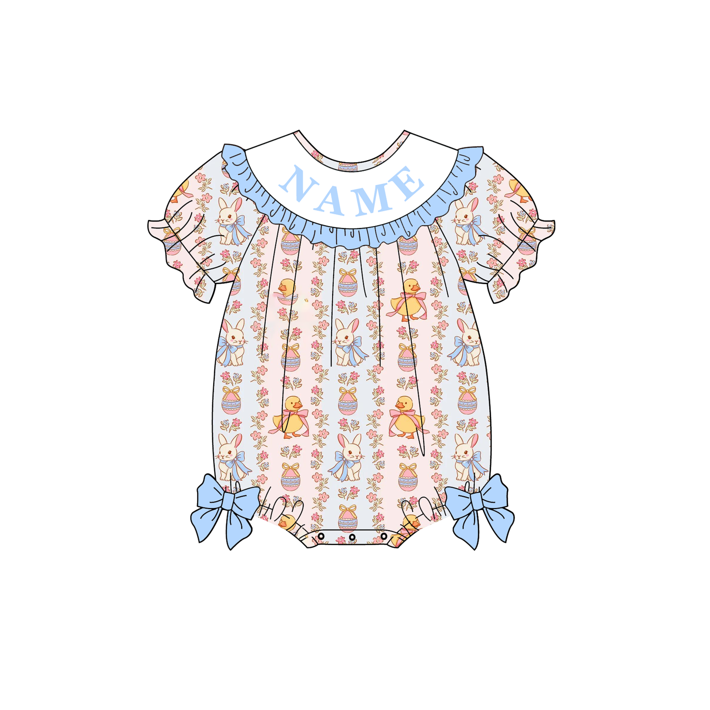 Spring Blue Floral Custom Name Embroidery Smock Outfits