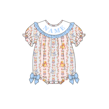 Spring Blue Floral Custom Name Embroidery Smock Outfits