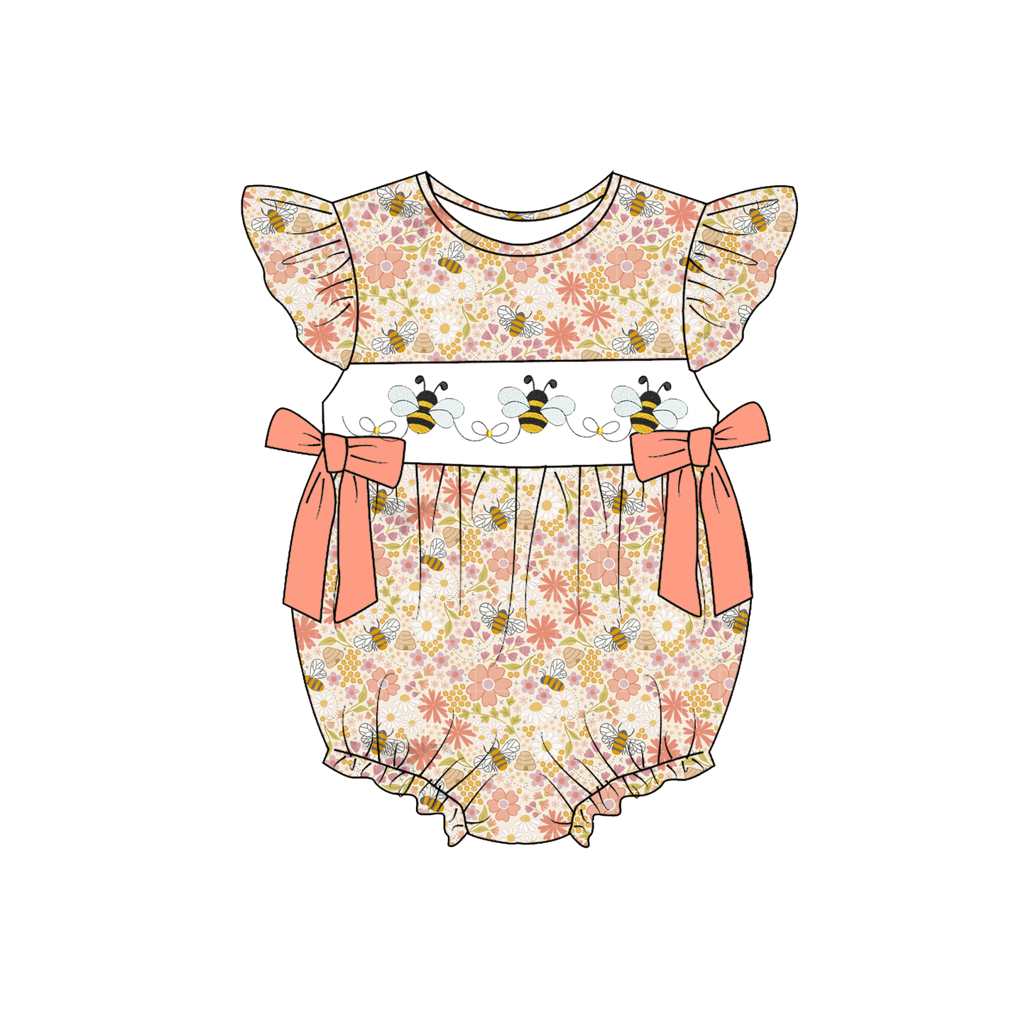 Spring Summer Floral Bee Custom Name Smocked Embroidered Collection