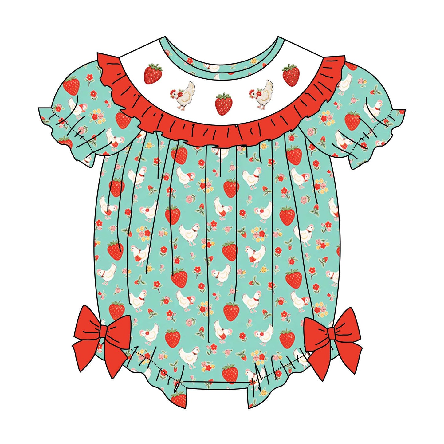 Spring Summer Strawberry Chick Floral Smock Embroidery Dress & Romper