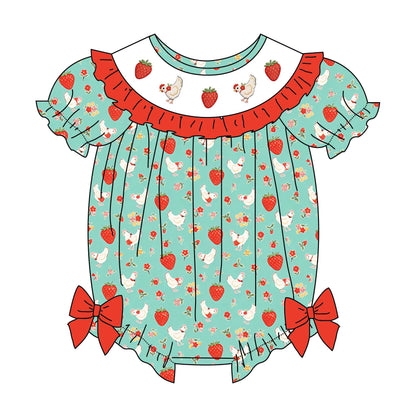 Spring Summer Strawberry Chick Floral Smock Embroidery Dress & Romper