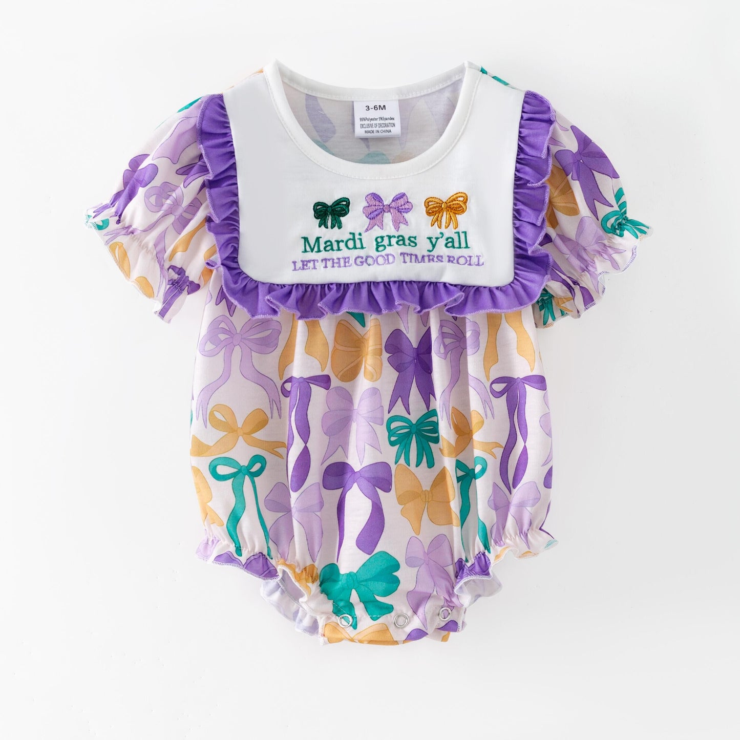 Mardi Gras Purple Green Yellow Bows Embroidery Dress & Romper
