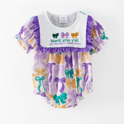 Mardi Gras Purple Green Yellow Bows Embroidery Dress & Romper