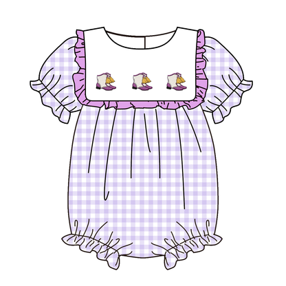 Spring Summer Purple Plaid Boots Embroidery Dress & Romper