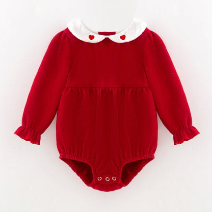Red Corduroy V-days Sibling Clothes – Heart Embroidery