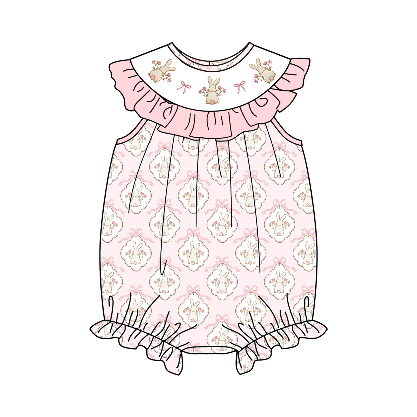 Easter Summer Pink Bunny Bow Embroidery Smock Dress & Romper