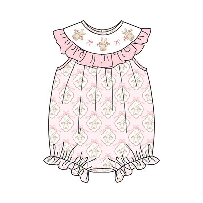 Easter Summer Pink Bunny Bow Embroidery Smock Dress & Romper