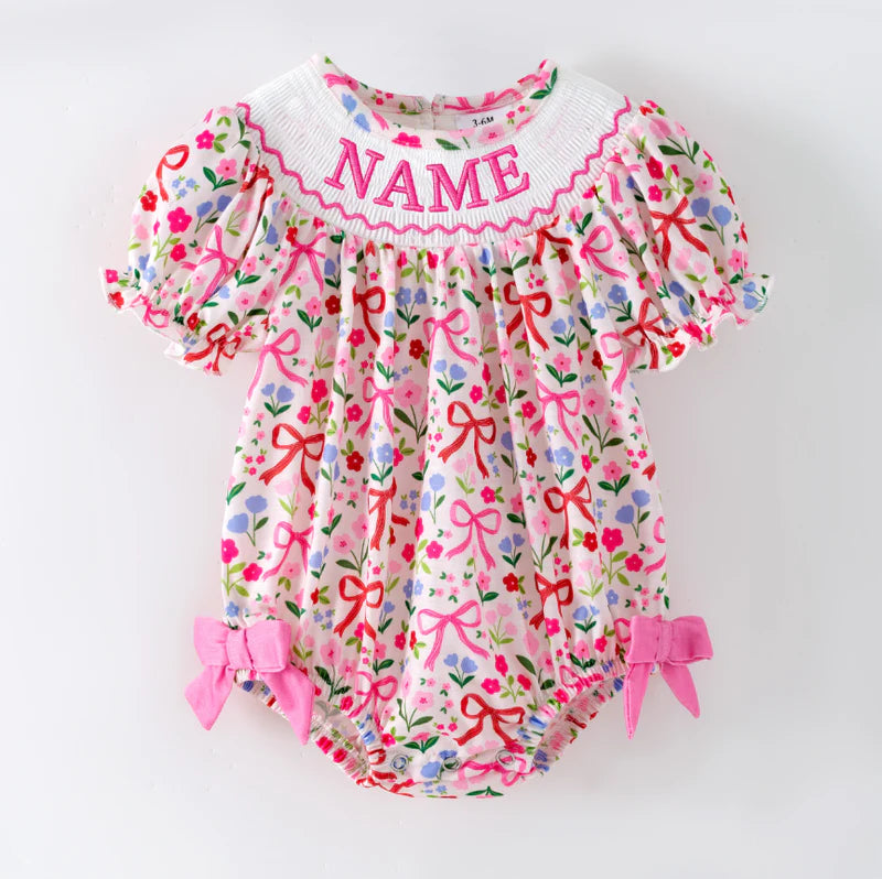 Spring Summer Smocked Embroidery Floral Print Dress with Custom Name – Girls Boutique Bishop Dress