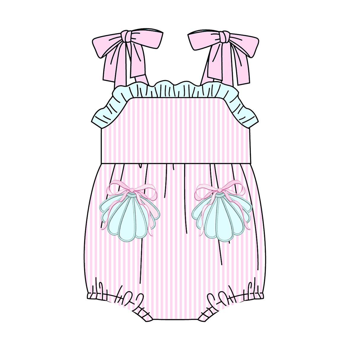 Summer Pink Stripes Shell Embroidery Girls Dress Romper Set Collection