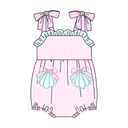 Summer Pink Stripes Shell Embroidery Girls Dress Romper Set Collection