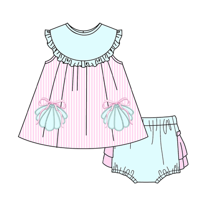 Summer Pink Stripes Shell Embroidery Girls Dress Romper Set Collection
