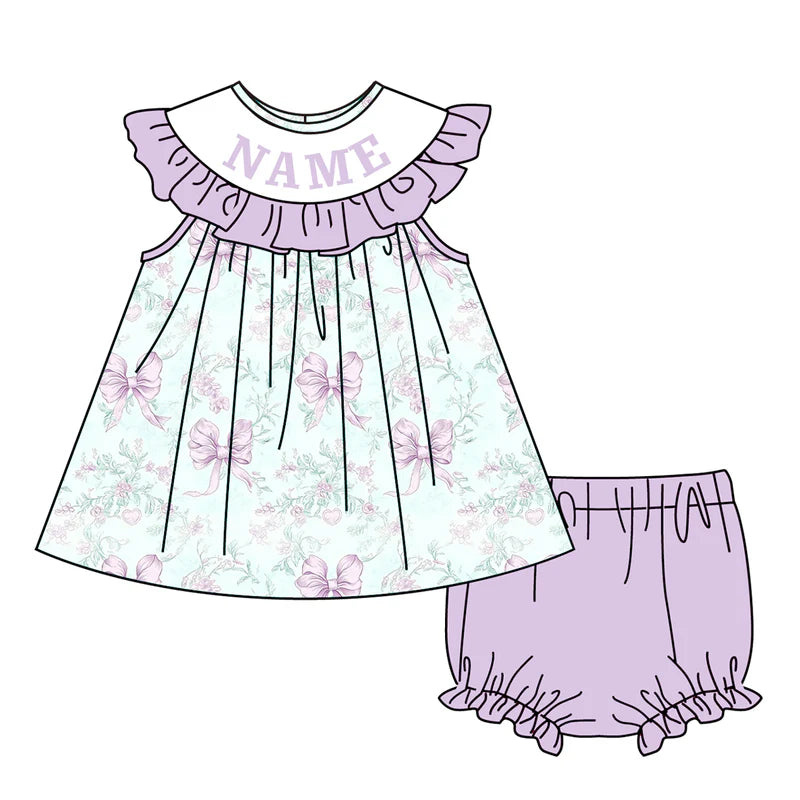 Sweet Blooms for Little Ones – Custom Name Smocked Lavender Bow Floral Set