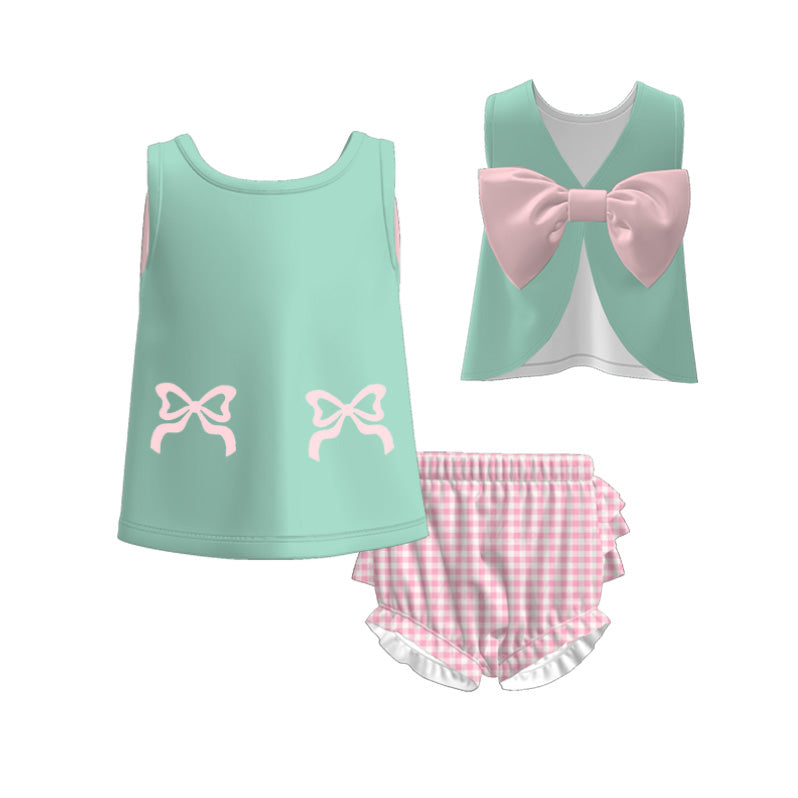 Summer Mint Pink Plaid Bow Embroidery Outfits For Sister