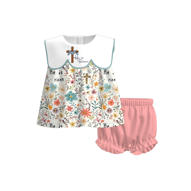 Easter “He Is Risen” Embroidered Kids Summer Outfit Set | Faith-Inspired Spring & Summer Collection