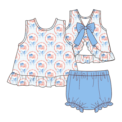 4th of July Girls Outfit – Patriotic USA Flag Bow Print Dress, Toddler Top & Shorts Set, Baby Bloomer Outfit