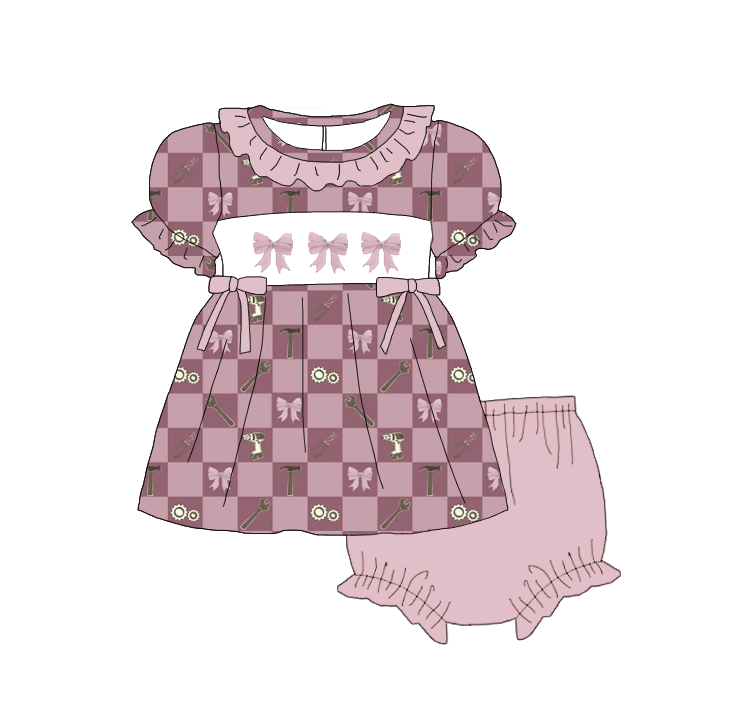 Summer Sweet Blooms for Little Ones – Bow Embroidered Smocked Pink Plaid Set