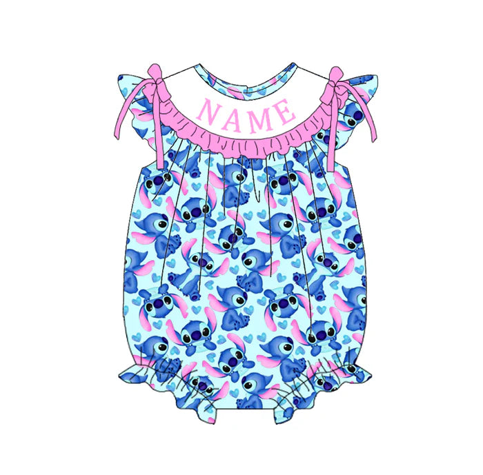 Summer Girls Blue Cartoon Custom Name Smocked Embroidery Set Collection