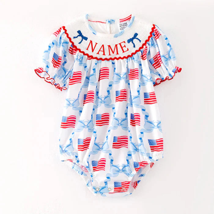 July 4th Blue Red Custom Name Embroidery Smock Outfits