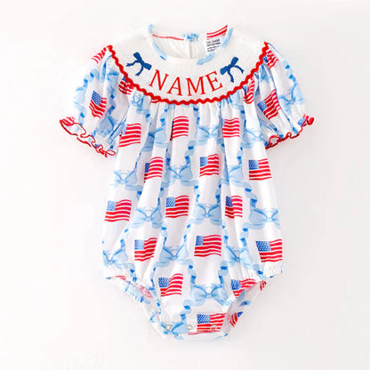 July 4th Blue Red Custom Name Embroidery Smock Outfits