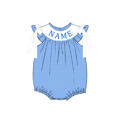 Smocked July 4th Kids Collection – Embroidered Blue Plaid Custom Name Outfits