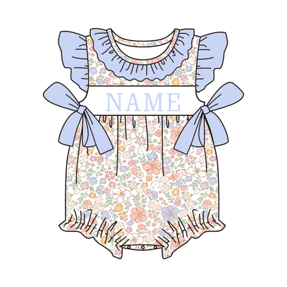 Summer Blue Floral Custom Name Smocked Embroidery Collection