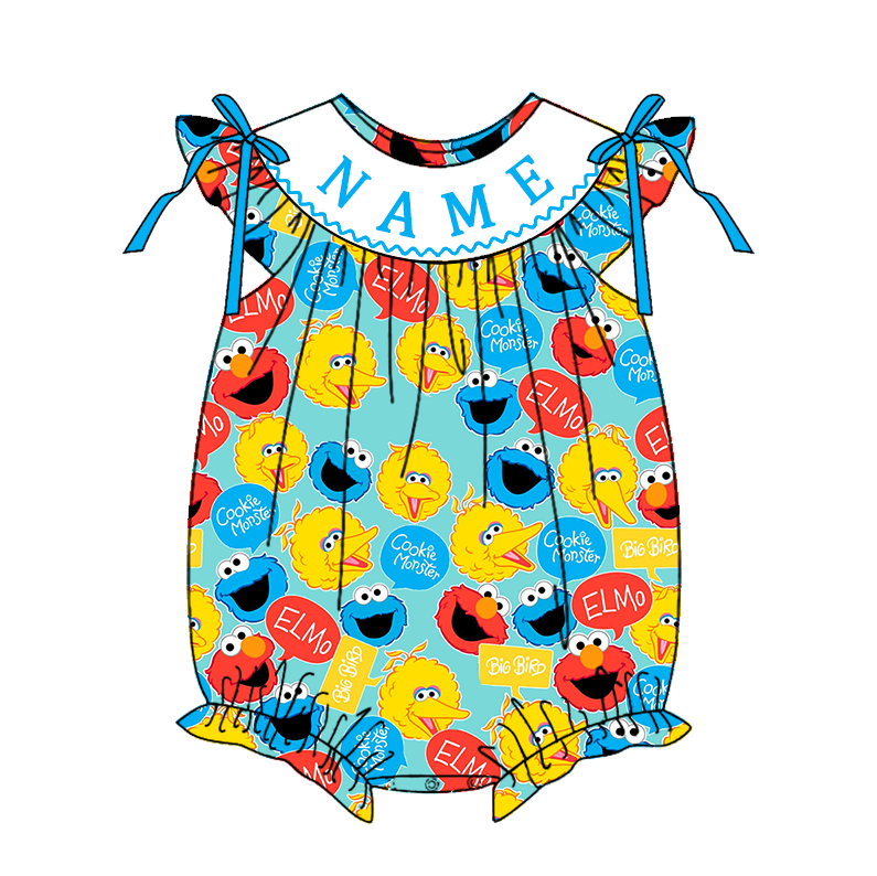 Smocked SESAME STREET Kids Collection – Embroidered Blue Custom Name Outfits