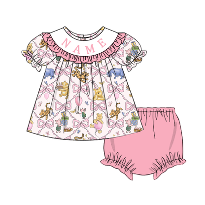 Personalized Smocked Baby Girl Dress & Bloomer Set – Custom Name Embroidery Animal Print Outfit