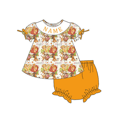 Girls Smocked Embroidery Outfit Set – Personalized Name Cartoon Lion Collection Dress, Romper & Matching Sets
