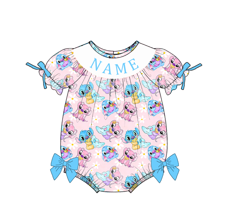 Girls Smocked Cartoon Outfit Set – Personalized Name Pink Dress, Romper & Blue Matching Sets