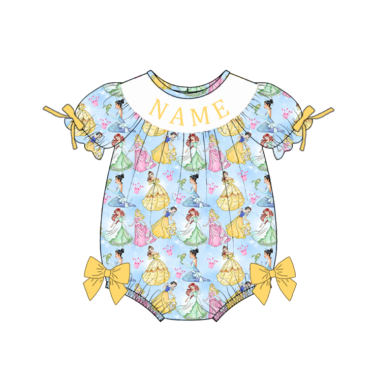 Personalized Girls Princess Smocked Outfit – Blue Cartoon Dress, Romper & Yellow 2-Piece Sets