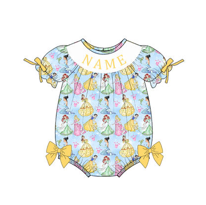 Personalized Girls Princess Smocked Outfit – Blue Cartoon Dress, Romper & Yellow 2-Piece Sets